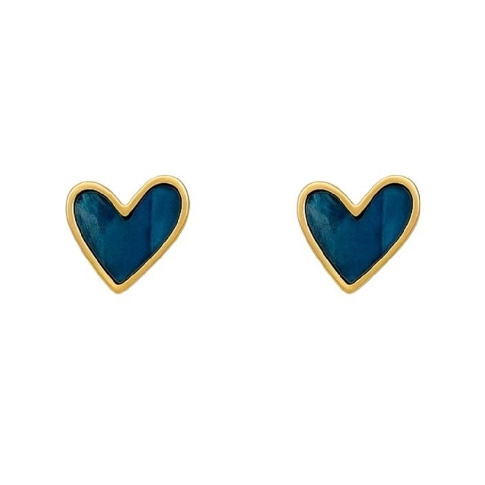 Blue Heart Shaped Stud Earrings - Blue and Gold - Picture 4 of 6